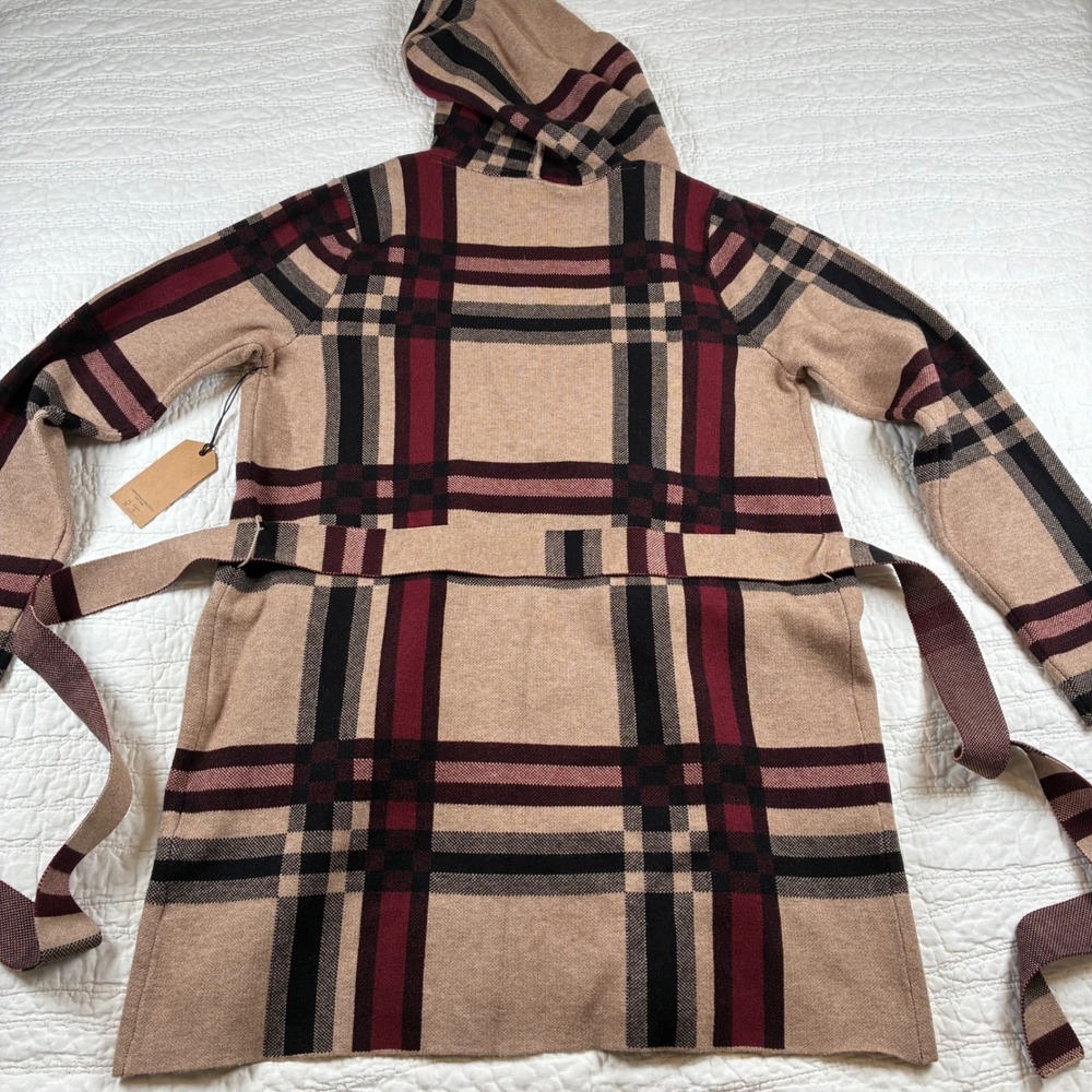 NWT Christian Siriano Hooded Cardigan L Tan Plaid Belted Knit Sweater Jacket - Picture 8 of 9